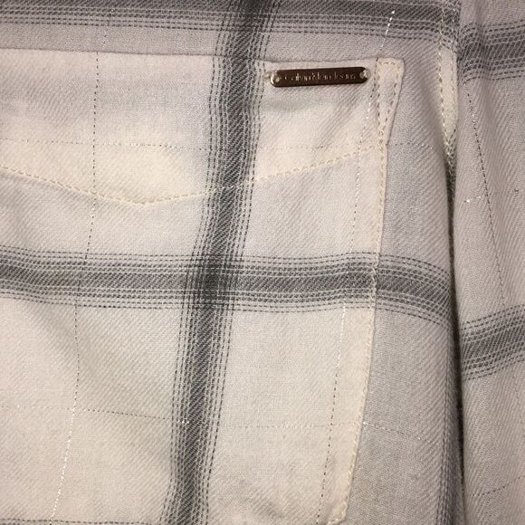 CK Jeans L Cotton White Gray Lurex Plaid Long Sleeve Snap Front Relaxed Shirt - Picture 5 of 15